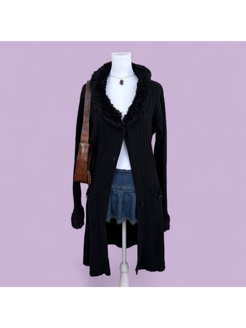 y2k black goth fuzzy trim long line cardigan